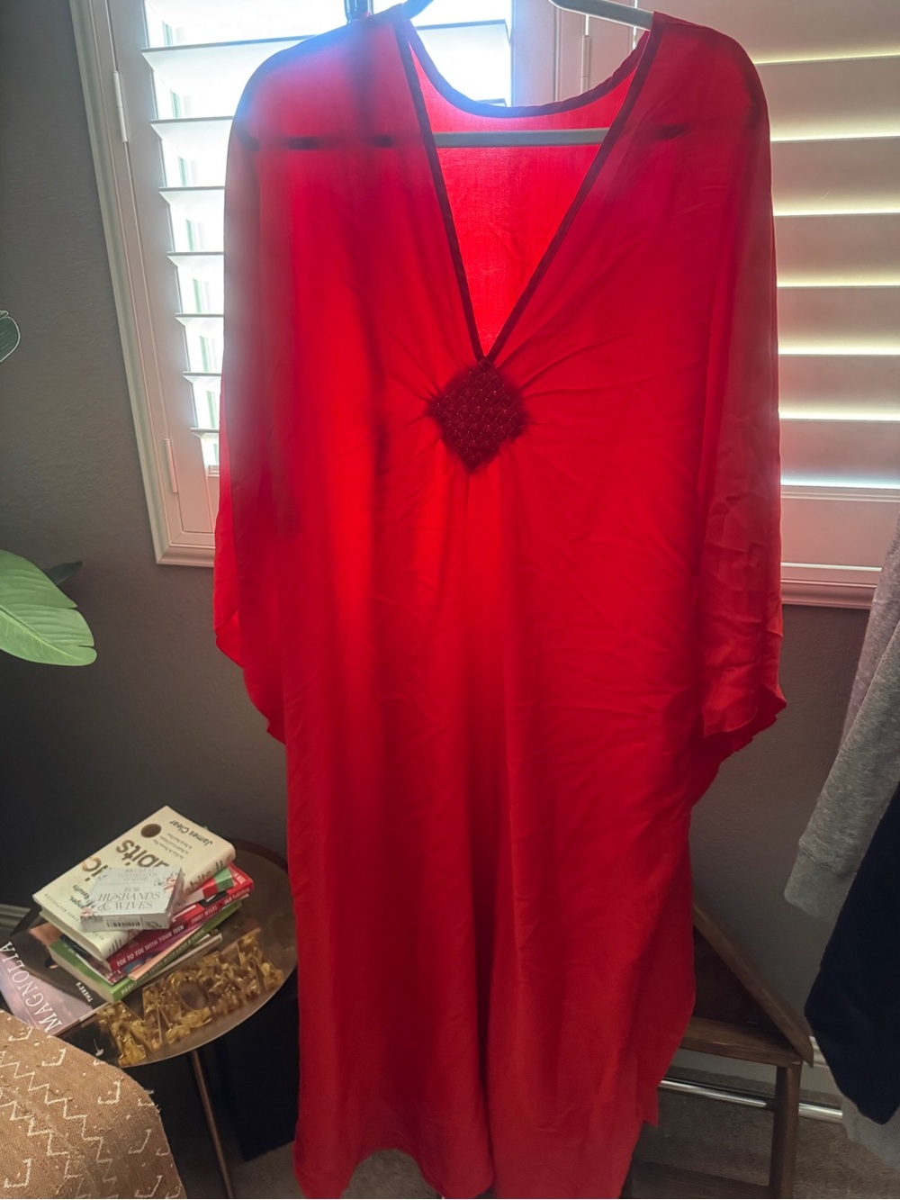 Red V-Neck Maxi Dress with Embellished Detail- mumu style